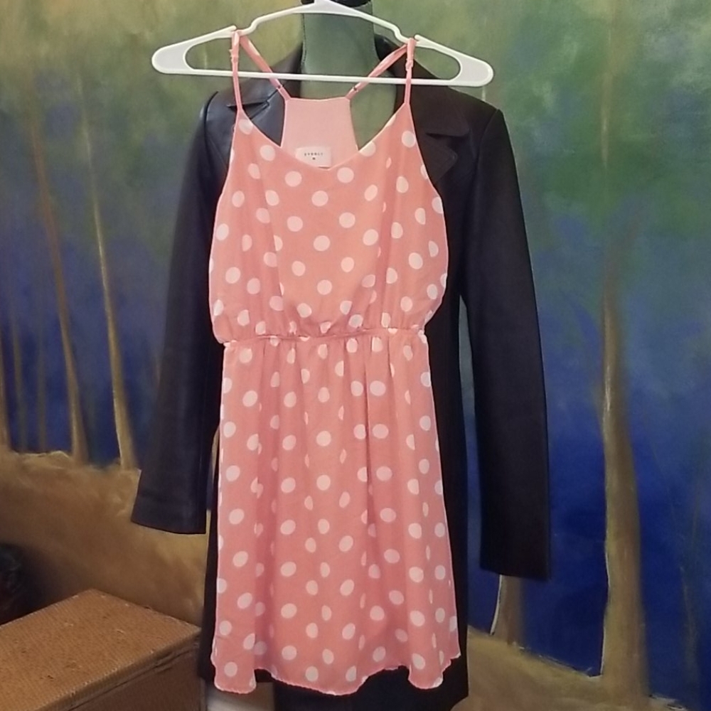 Small, peach polka dot, racer back, washable dress